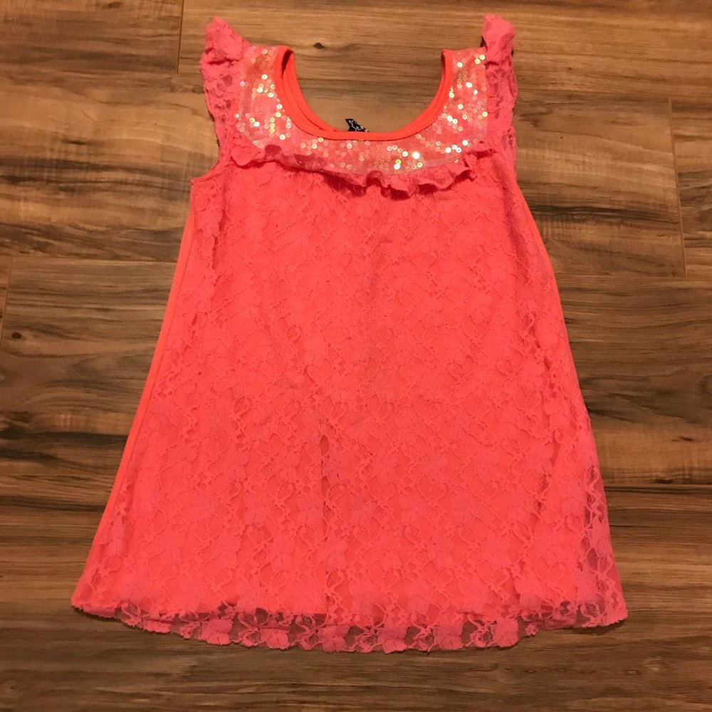 Neon Pink Lace And Sequin Sleeveless Shirt